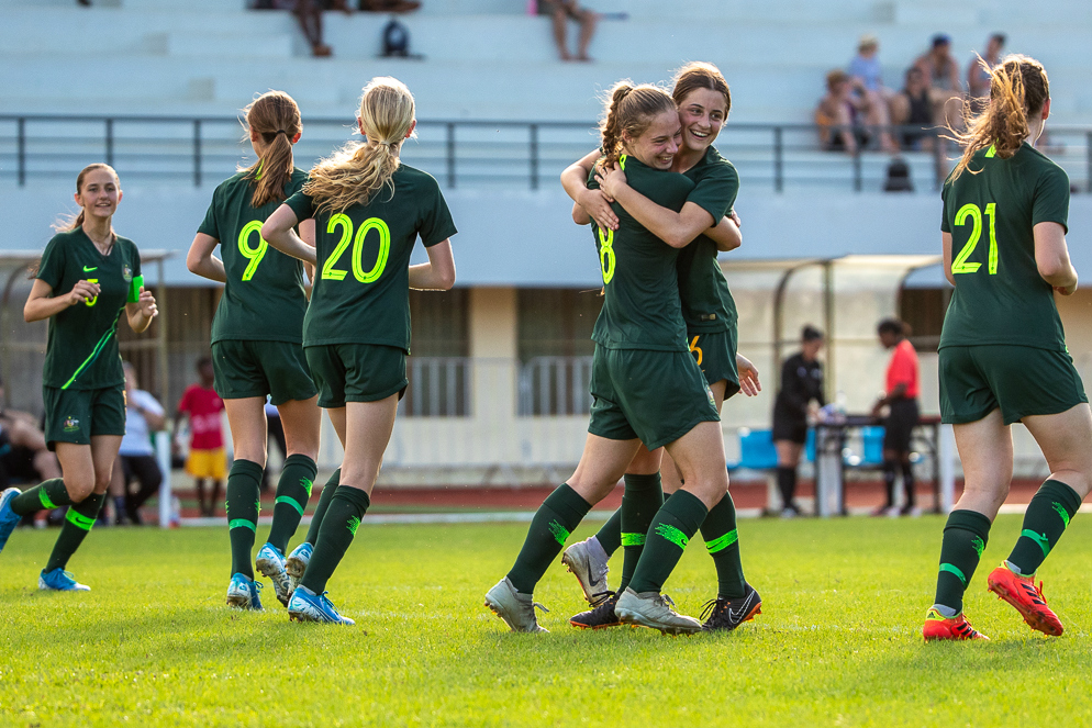 The Junior Matildas celebrate a goal at the recent Pacific Step-Up Tour (pic by Joseph Mayers)