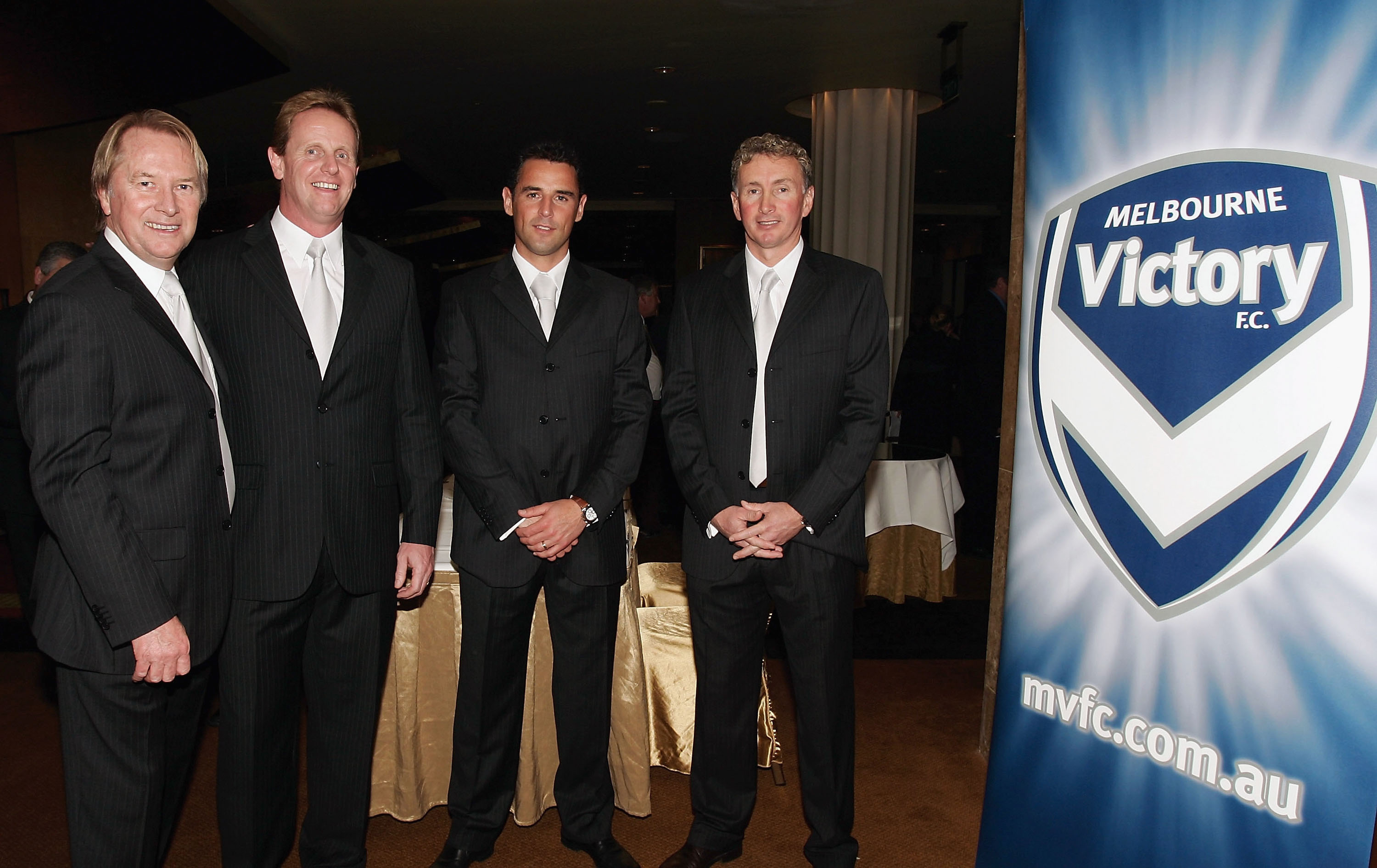 Glen Wheatly, Gary Cole, Kevin Muscat and Ernie Merrick during the Melbourne Victory FC launch in 2005