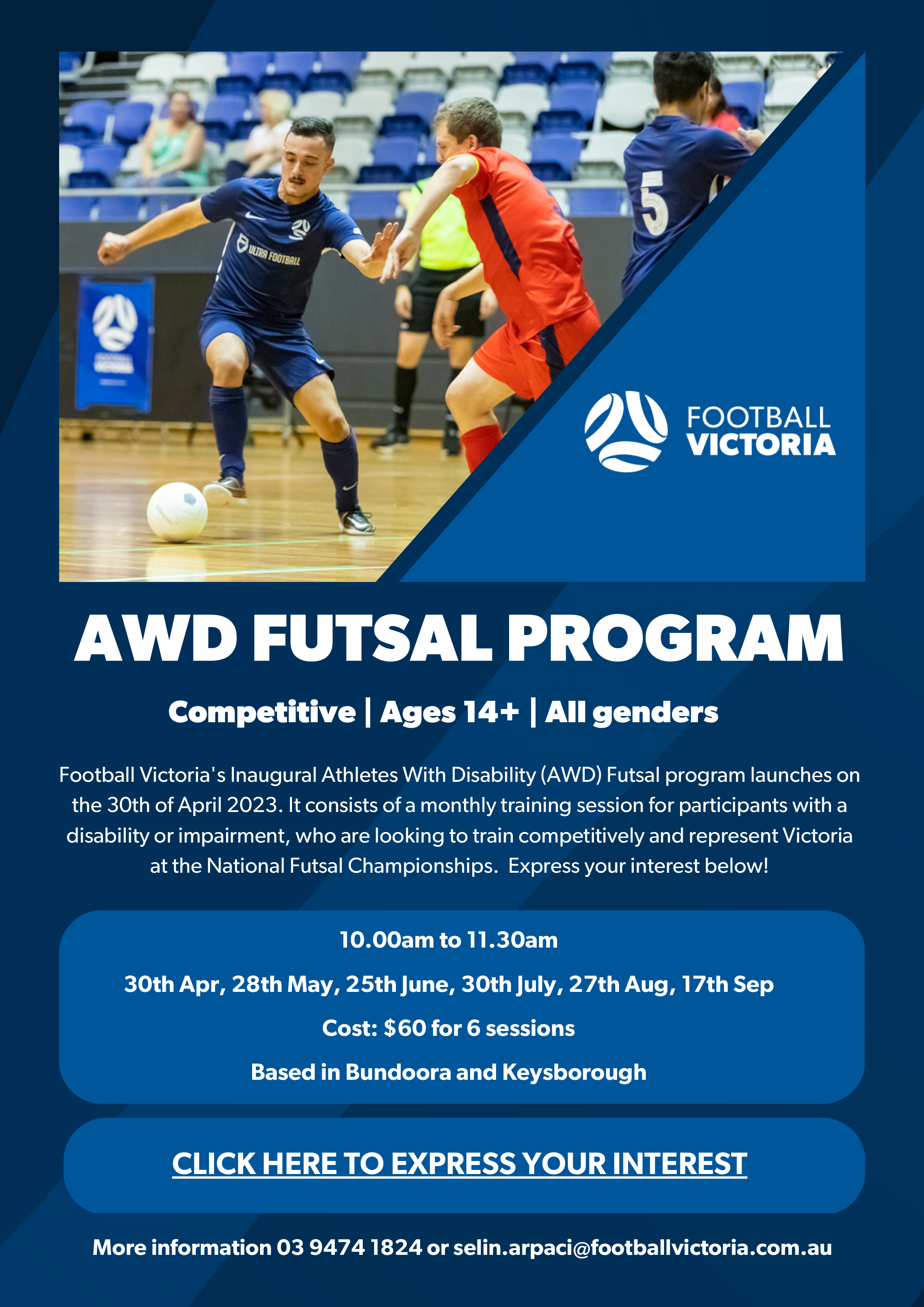 AWD Futsal Program Flyer with location, cost, date