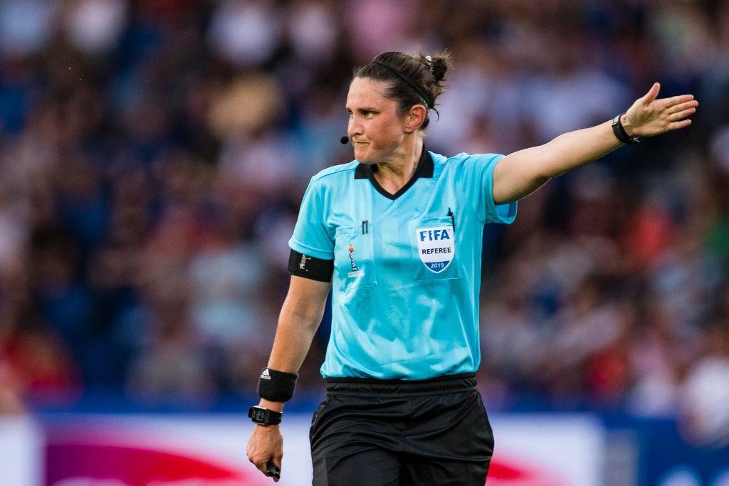 FIFA Referee Kate Jacewicz of Australia gestures during the 2019 FIFA Women's World Cup France Round Of 16 match between Sweden and Canada at Parc des Princes on June 24, 2019 in Paris, France. (Photo by Marcio Machado/Getty Images)